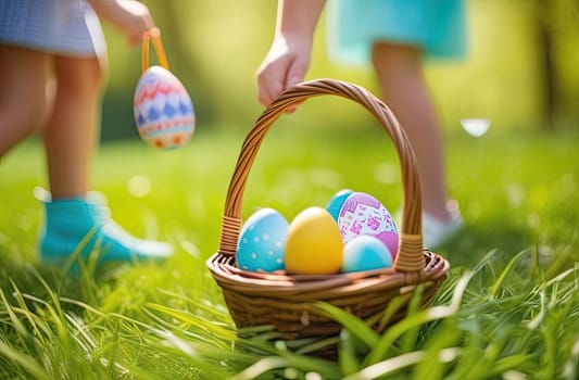 Easter concept. Egg hunt. Children's hands hold a wicker basket with multi-colored Easter eggs on the green grass in the park in the spring, setting sun. Close-up.