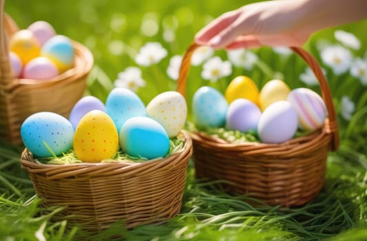 Easter concept. Egg hunt. Children's hands hold a wicker basket with multi-colored Easter eggs on the green grass in the park in the spring, setting sun. Close-up.