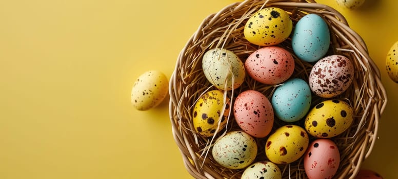 A vibrant Easter celebration with a basket full of decorated eggs against a yellow background.