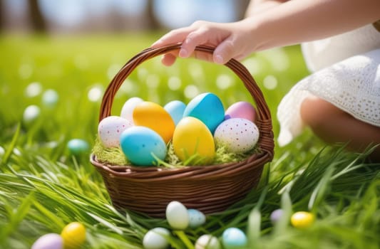 Easter concept. Egg hunt. Children's hands hold a wicker basket with multi-colored Easter eggs on the green grass in the park in the spring, setting sun. Close-up.