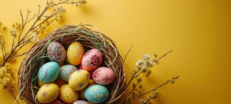 A vibrant Easter celebration with a basket full of decorated eggs against a yellow background.
