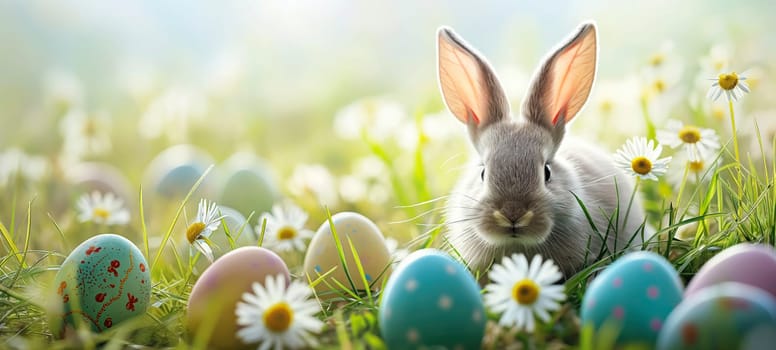 Bunny with Easter eggs among daisies