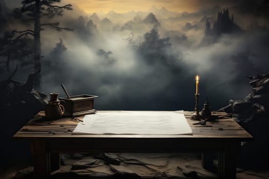 Blank sheet of paper on a wooden surface with a candle and a view of a foggy mystical forest.