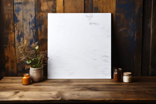 White canvas on a shabby wooden background.