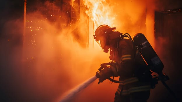 equipped fireman at work extinguishing fire, generative ai. High quality photo