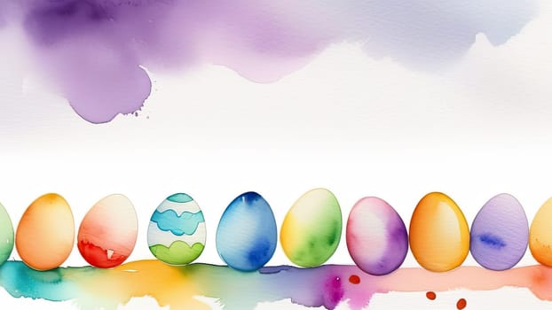 Easter concept, colorful Easter eggs on a white background, layout, top view. Painted with watercolors. Place for text. Copy space. Banner. Close-up