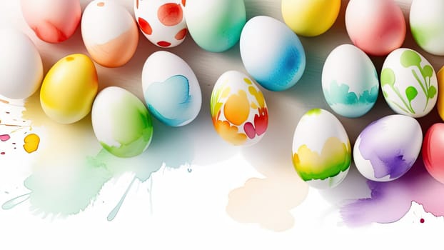 Easter concept, colorful Easter eggs on a white background, layout, top view. Painted with watercolors. Place for text. Copy space. Banner. Close-up