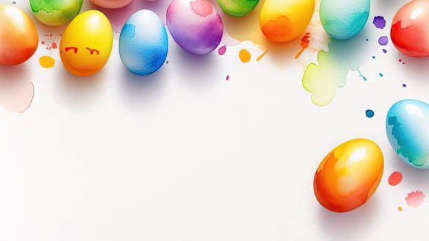 Easter concept, colorful Easter eggs on a white background, layout, top view. Painted with watercolors. Place for text. Copy space. Banner. Close-up