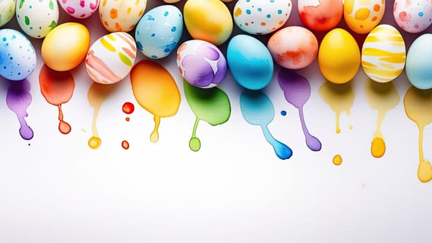 Easter concept, colorful Easter eggs on a white background, layout, top view. Painted with watercolors. Place for text. Copy space. Banner. Close-up