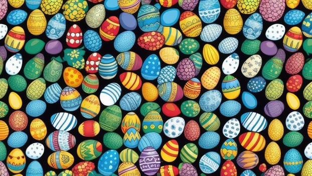 Easter concept, Background of colorful and bright Easter eggs. Lots of small painted eggs. Banner. View from above. Festive Easter background.