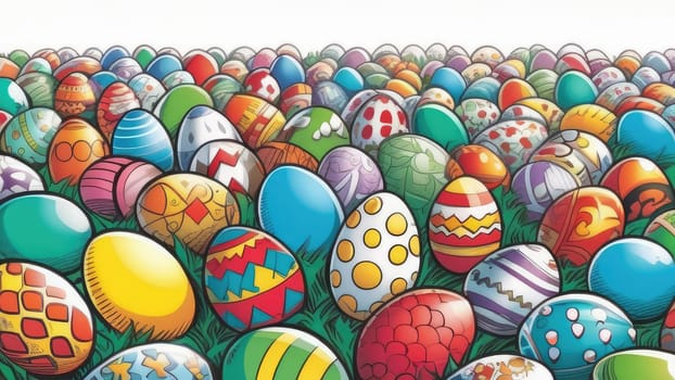 Easter concept, Background of colorful and bright Easter eggs. Lots of small painted eggs. Banner. View from above. Festive Easter background.