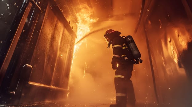 equipped fireman at work extinguishing fire, generative ai. High quality photo