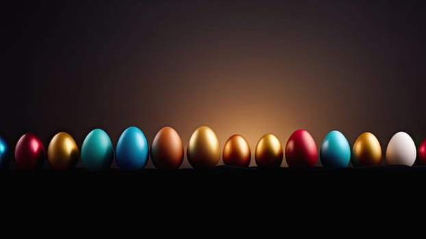 Easter concept, layout of colorful and bright Easter eggs on a dark background. Banner. Place for text. Copy space. Festive Easter background.