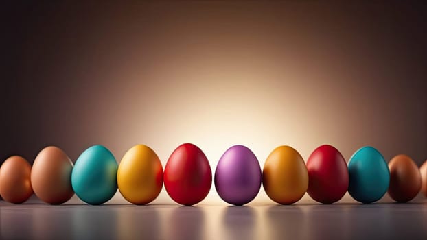 Easter concept, layout of colorful and bright Easter eggs on a dark background. Banner. Place for text. Copy space. Festive Easter background.