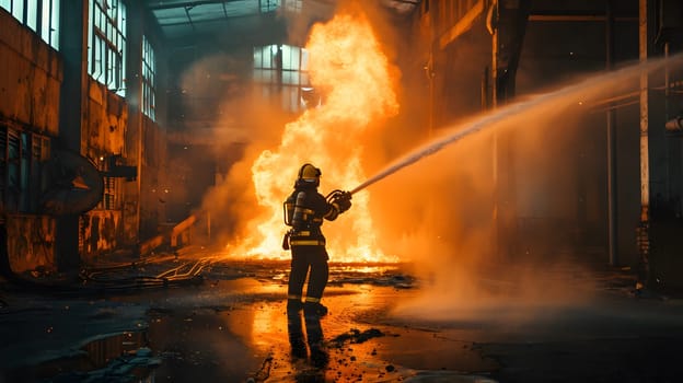 equipped fireman at work extinguishing fire, generative ai. High quality photo