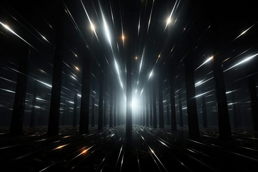 A dark tunnel with columns, illuminated by white neon rays. Abstract background.