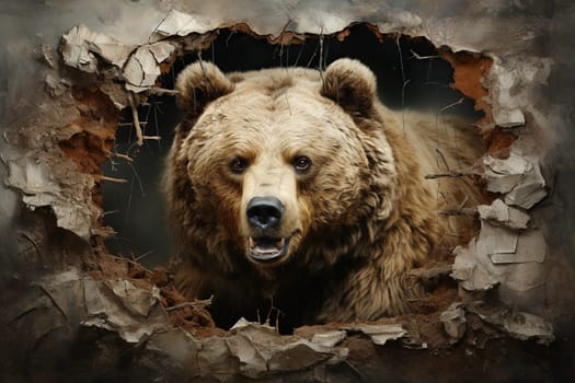 Realistic painting, mural of a bear emerging from the wall.