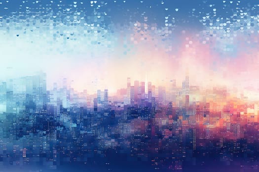 Pixel panorama of the night city. Abstract image.