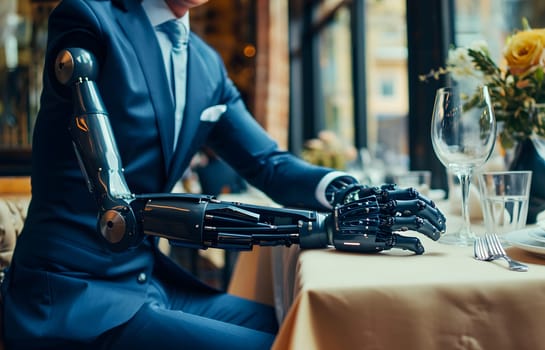 male body in suit in restaurant with bionic arm, generative ai. High quality photo