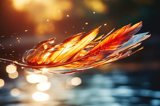 Bird feather illuminated by the sun over water with bokeh background. Motion photography.
