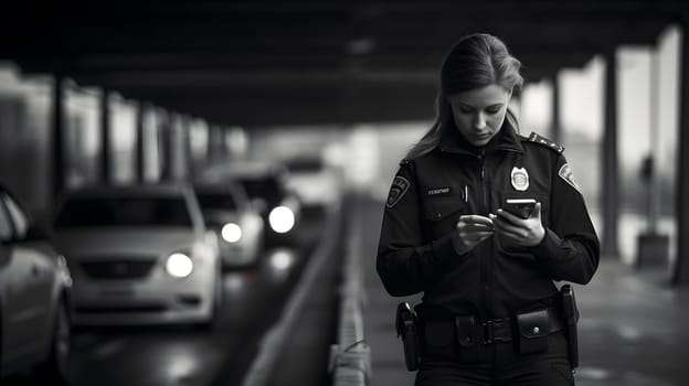 female police officer on patrol on the street, generative ai. High quality photo