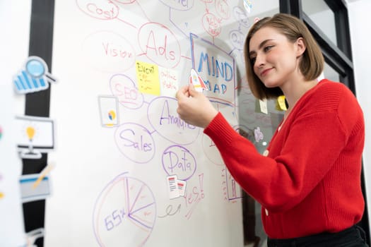 Professional attractive female leader sticks sticky note while presents creative marketing plan by using brainstorming mind mapping statistic graph at modern business meeting room. Immaculate.