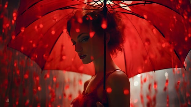 Enigmatic woman holding a red umbrella, bathed in a seductive red glow with soft bokeh highlights - generative AI