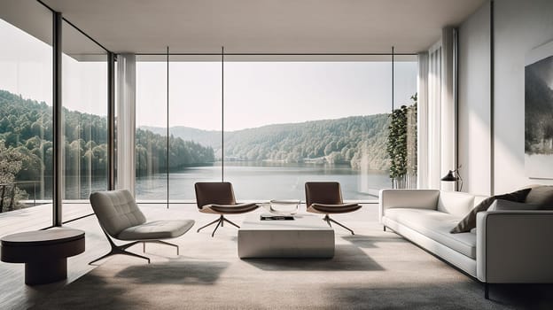 Modern design living room interior photo rendering with large windows and lake view - AI generative