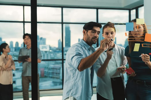 Smart business team working together, brainstorming idea at glass wall. Group of businesspeople corporate working, planing, thinking, sharing business plan while writing on glass wall. Tracery.