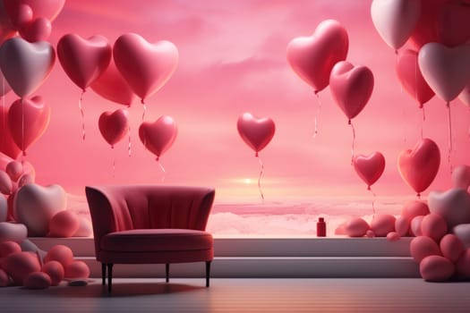 Interior of festive room decorated for Valentine's Day with air balloons, flowers and candles.