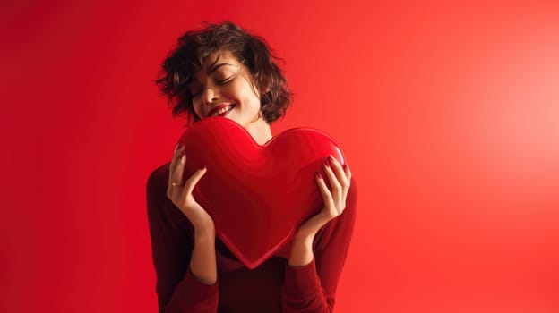 Beautiful woman holding and hugging big soft red heart on red background. St Valentine's Day vibe