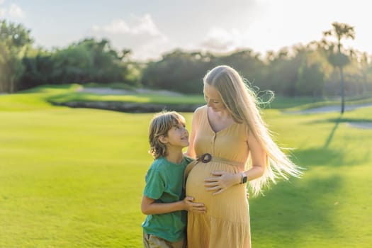 Heartwarming outdoor bonding as a pregnant mom and her son enjoy quality time together, savoring the beauty of nature and creating cherished moments.