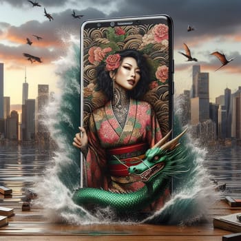 traditional asian woman wear kimono silky dress dance with dragon in chinese new year, background shanghai city skyline come out of phone screen on a desk