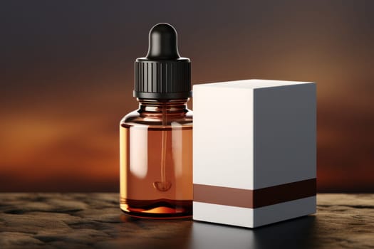 Brown glass dropper bottle with white box product mockup. Generative AI.