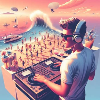 young deejay, wear glasses earphone hosting dj set at crowded beach party tropical island isometric ai generative ai art