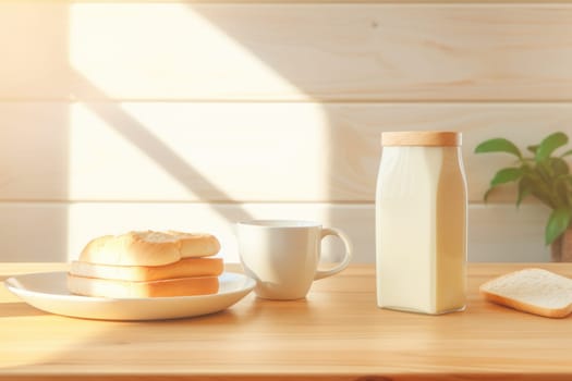 Wooden table with bread soy milk soy milk bags style bright kitchen background. Generative AI.