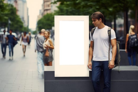 Blank digital signage screen in a public place, ideal for customization. Generative AI.