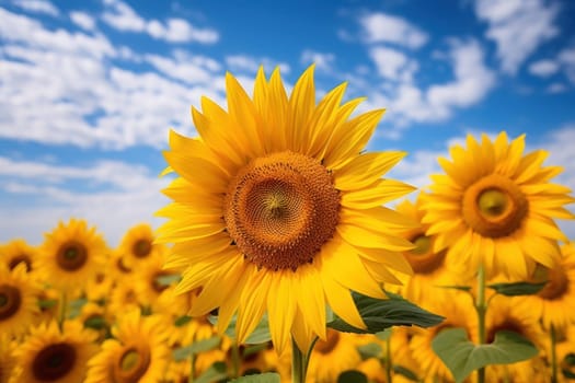 Field of sunflowers cloudy sky professional photography. Generative AI.