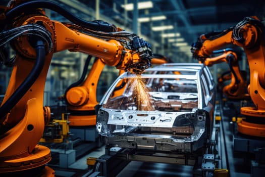 A robotic arm joins automobile components on a production line in a factory. Generative AI.