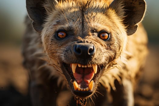 A close-up shot of Hyena striking face, its focused eyes, documentary photo. Generative AI.