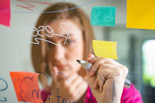 Closeup of young beautiful caucasian business leader presents marketing idea while writing marketing idea on glass board with mind map and colorful sticky notes. Portrait. Brainstorm. Immaculate.