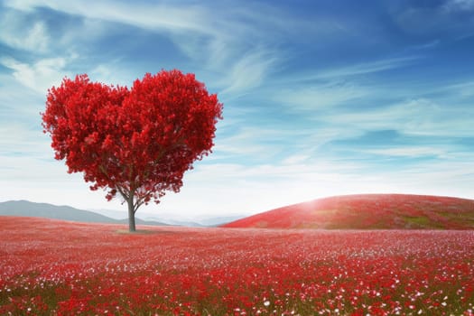 red tree of love in red flower field pragma