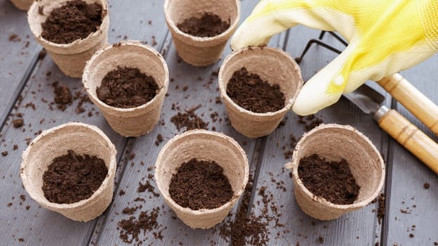 Close up of hand in yellow glove holding eco friendly biodegradable peat pot with planted seeds, top view, selective focus. Spring natural gardening, eco, plant care, organic product.