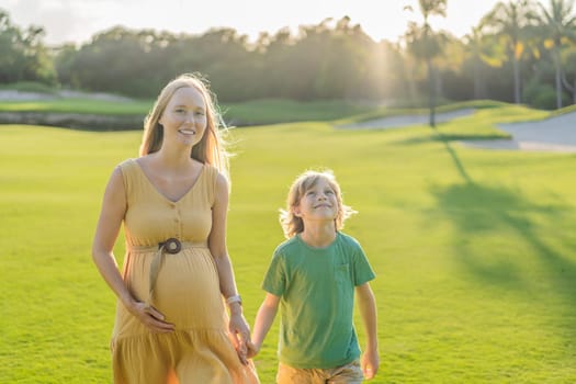 Heartwarming outdoor bonding as a pregnant mom and her son enjoy quality time together, savoring the beauty of nature and creating cherished moments.