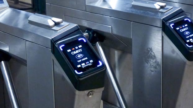 OMNY MTA Contactless fare payment system at grand central terminal. New York Subway station. NY, USA - July 15, 2023