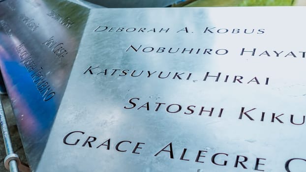 Memorial at Ground Zero Manhattan for September 11 Terrorist Attack with Engraved Names of Victims. Patriot Day - New York NY USA 2023-07-30.