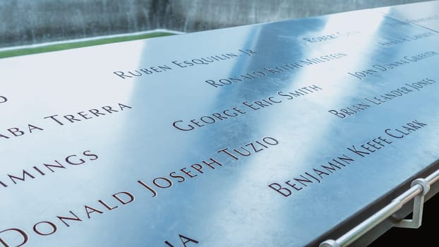 Memorial at Ground Zero Manhattan for September 11 Terrorist Attack with Engraved Names of Victims. Patriot Day - New York NY USA 2023-07-30.