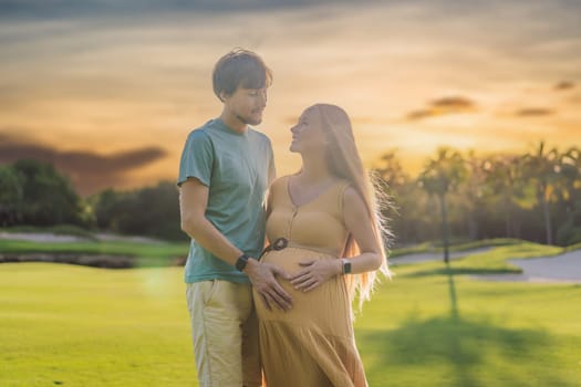 A blissful moment as a pregnant woman and her husband spend quality time together outdoors, savoring each other's company and enjoying the serenity of nature.