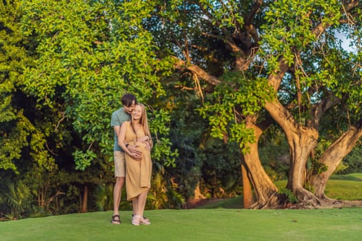 A blissful moment as a pregnant woman and her husband spend quality time together outdoors, savoring each other's company and enjoying the serenity of nature.