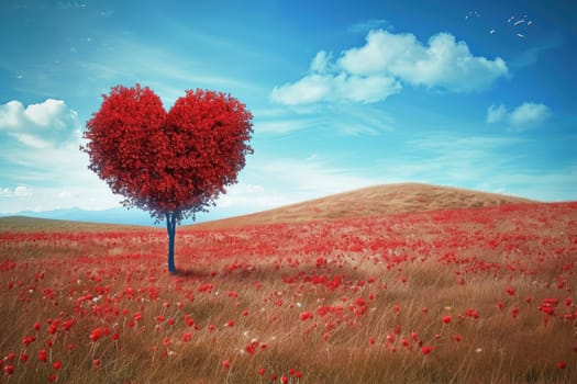 red tree of love in red flower field pragma